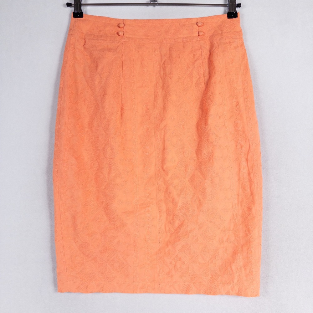 The Addison Story Pencil Skirt Sz 10 Orange Discreet Designs Embroidered Buttons